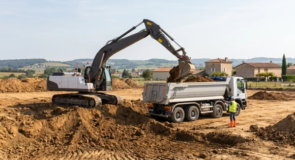 Photographie d'un chantier de terrassement avec une pelleteuse mécanique en action, excavant et déplaçant de la terre. On doit voir l'engin en train de creuser ou de charger un camion benne sur un terrain en cours de préparation. Le contexte doit montrer clairement des travaux de génie civil et de préparation de terrain, avec sol nu, accumulation de terre retournée, et absence de végétation. L'image doit transmettre l'ampleur et la professionnalité des travaux de terrassement VRD.