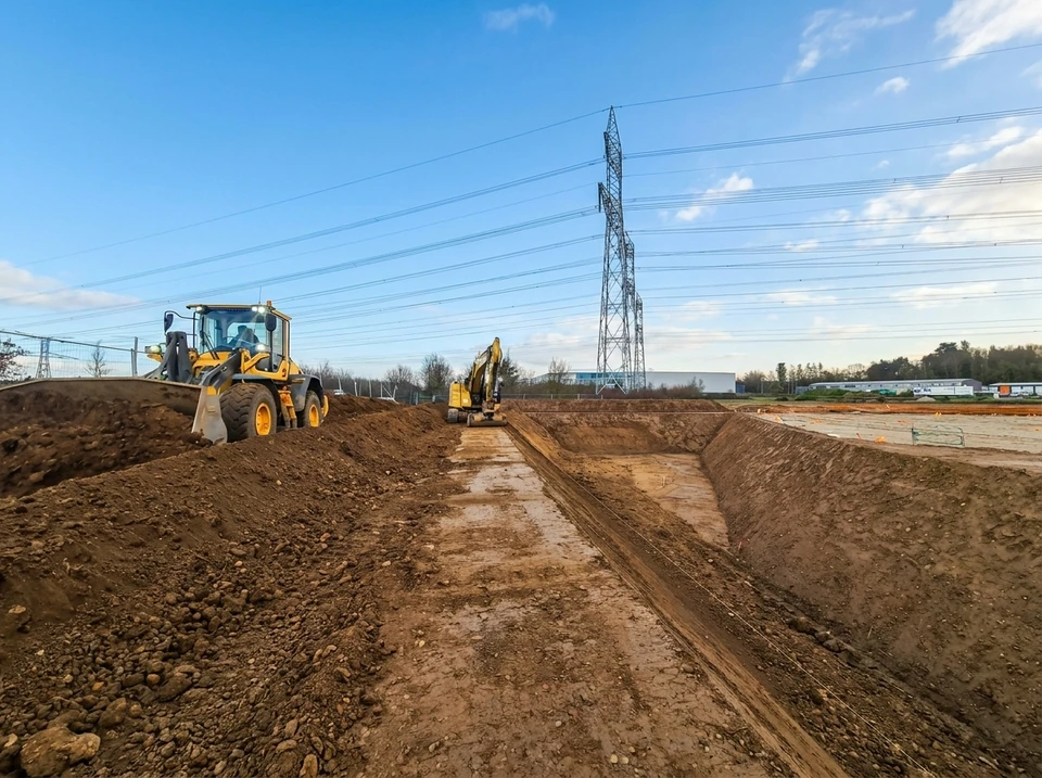 Chantier de construction en extérieur avec excavation dans sol terreux