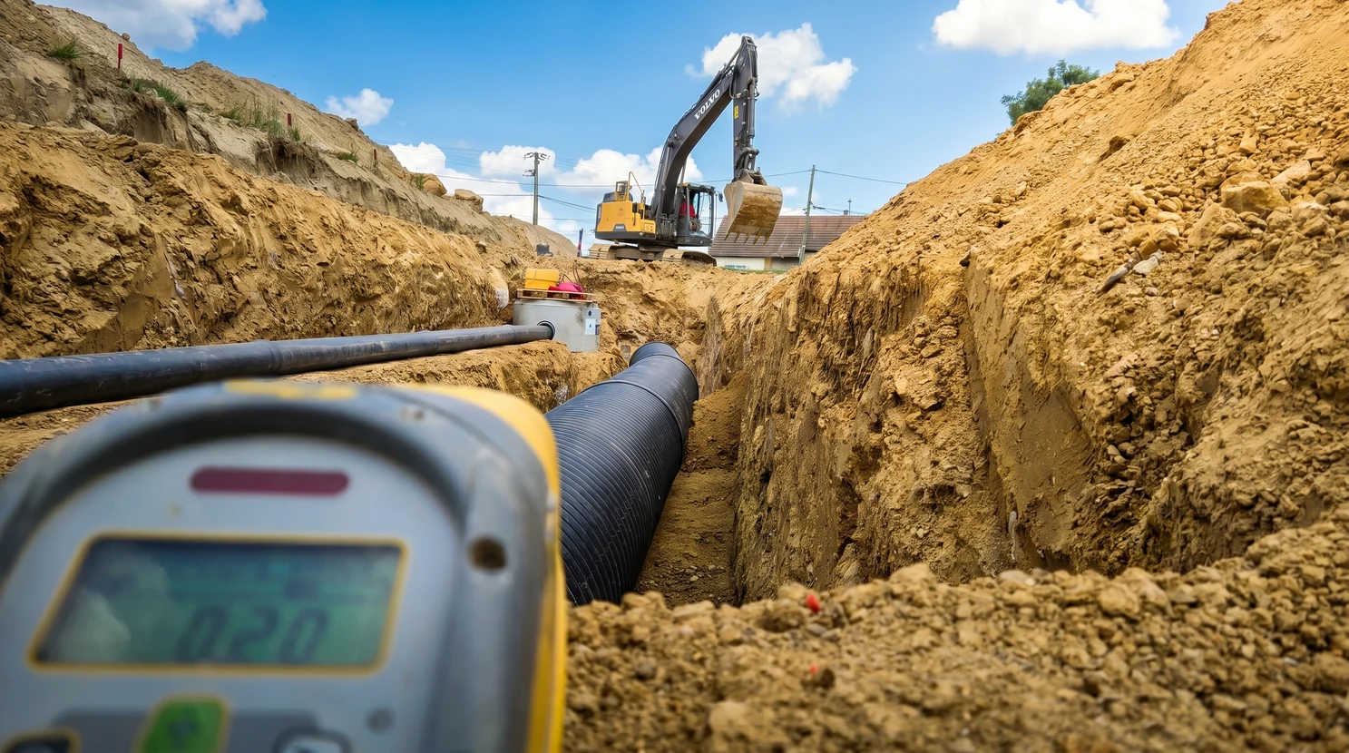Chantier de construction en extérieur avec excavation dans sol terreux